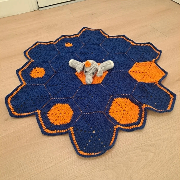 Crochet Geometric Baby Blanket Lovey Elephant Stuffed Animal Orange Blue Grey - Picture 1 of 5